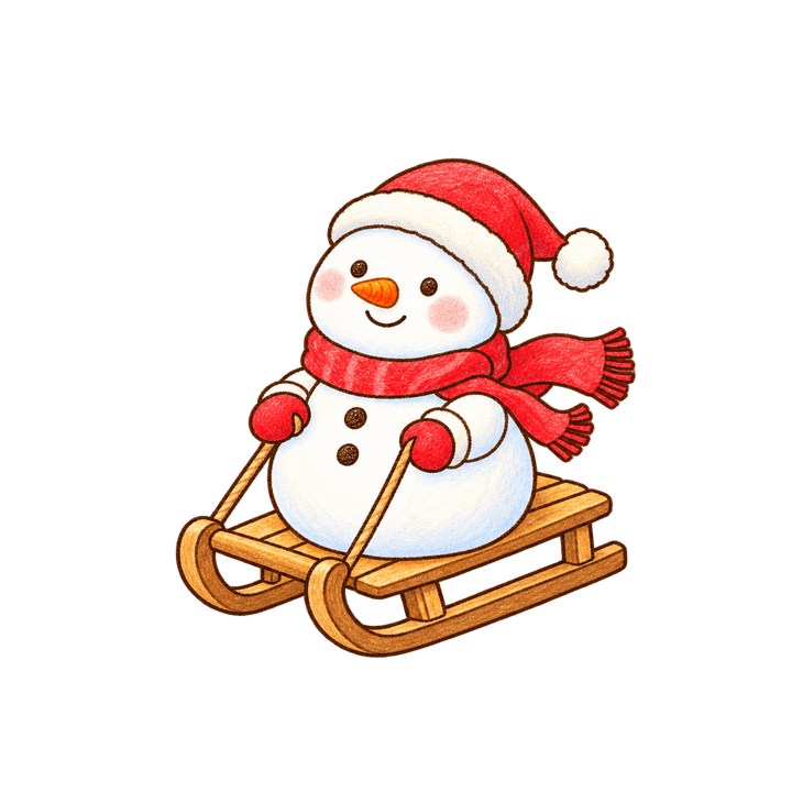 そりに乗る雪だるまのイラスト（クリスマス・透過PNG）