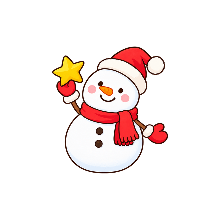 星をかかげる雪だるまのイラスト（クリスマス・透過PNG）