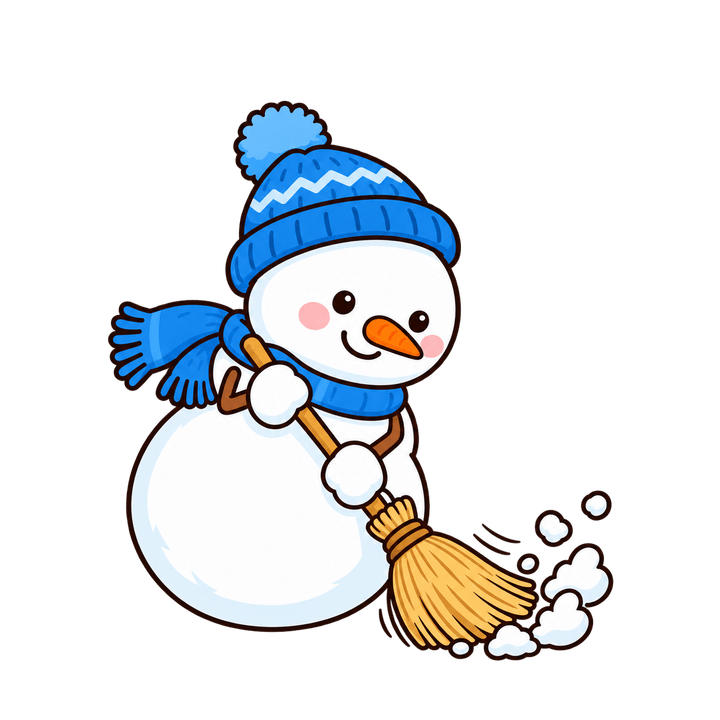 ほうきで雪をはく雪だるまのイラスト（クリスマス・透過PNG）
