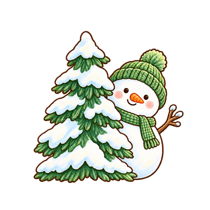 木のかげから手をふる雪だるまのイラスト（クリスマス・透過PNG）