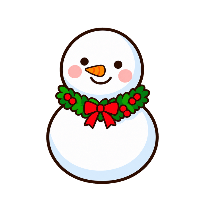 リースを首にかけた雪だるまのイラスト（クリスマス・透過PNG）