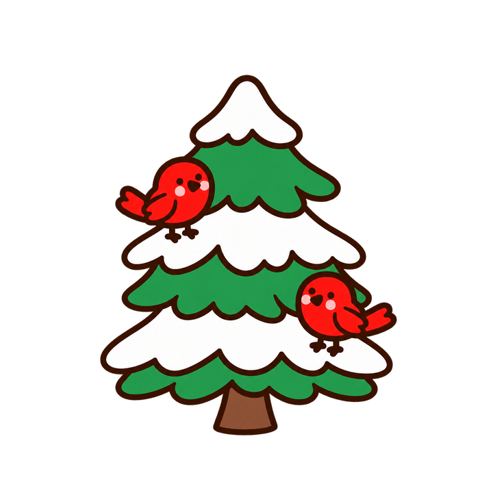 赤い小鳥と雪のツリーのイラスト（クリスマス・透過PNG）