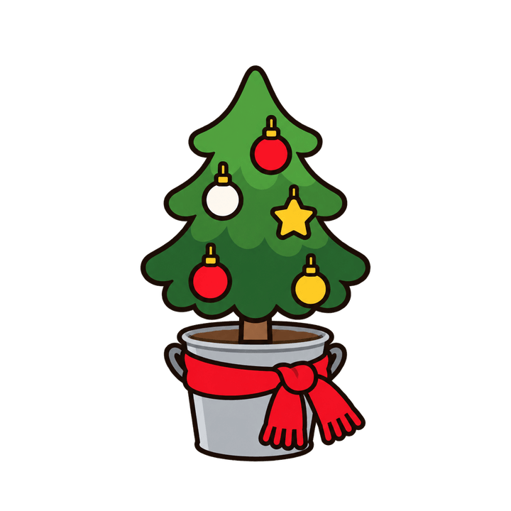 バケツに入ったツリーのイラスト（クリスマス・透過PNG）