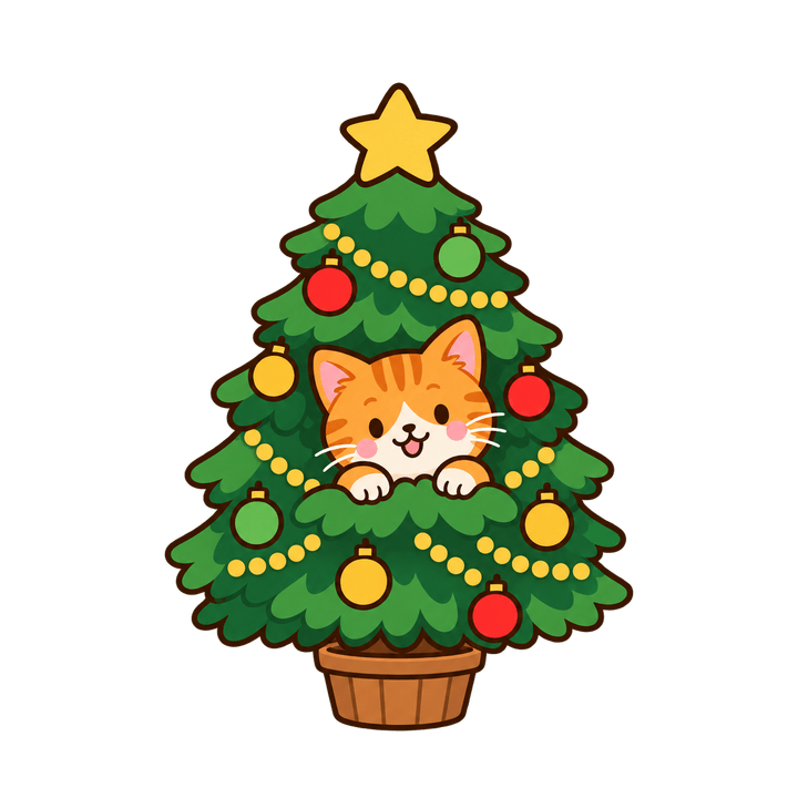 ねこがのぞくツリーのイラスト（クリスマス・透過PNG）