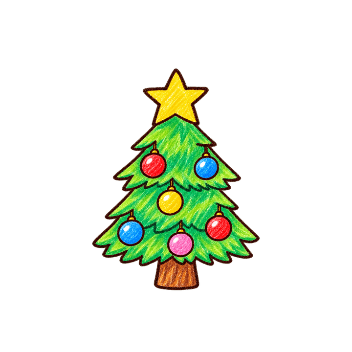 カラフルなオーナメントのツリーのイラスト（クリスマス・透過PNG）