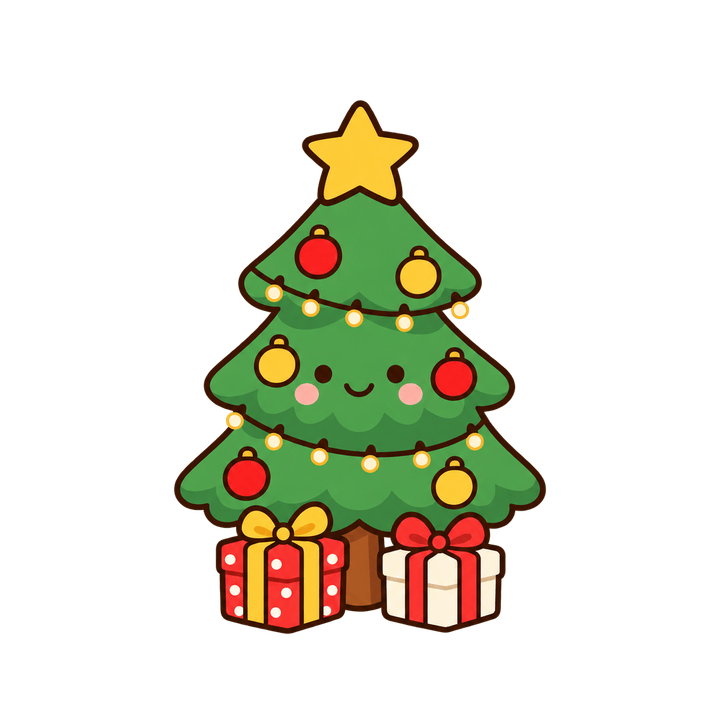 星とオーナメントのツリーのイラスト（クリスマス・透過PNG）
