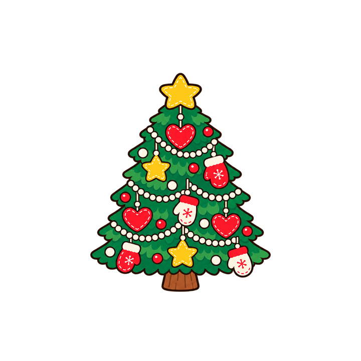 ハートと手ぶくろを飾ったツリーのイラスト（クリスマス・透過PNG）