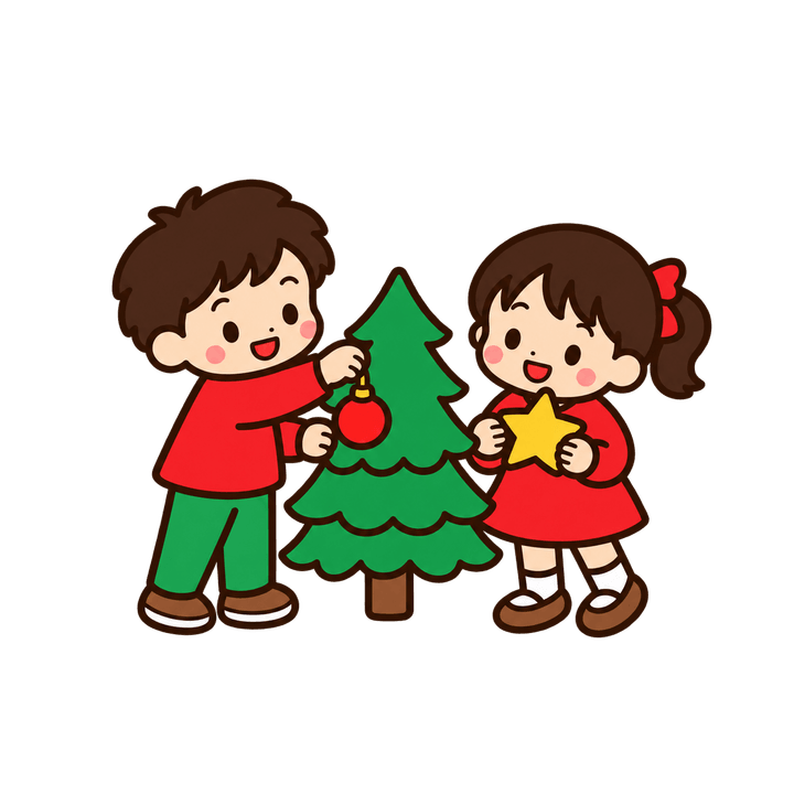 ツリーを飾る男の子と女の子のイラスト（クリスマス・透過PNG）
