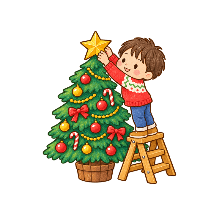 脚立で星をつける男の子のイラスト（クリスマス・透過PNG）