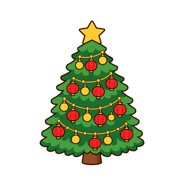 ちょうちんを飾ったツリーのイラスト（クリスマス・透過PNG）