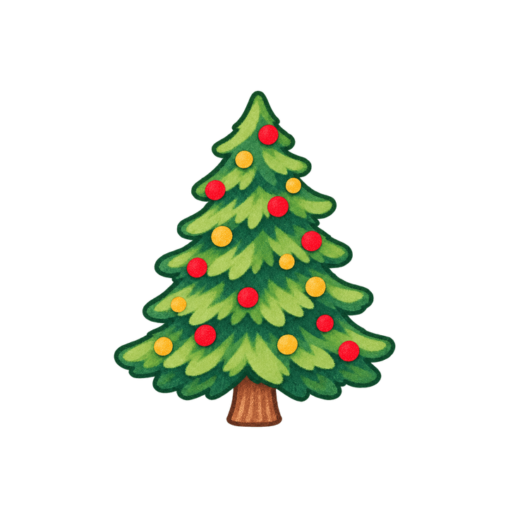 赤と黄色のオーナメントのツリーのイラスト（クリスマス・透過PNG）