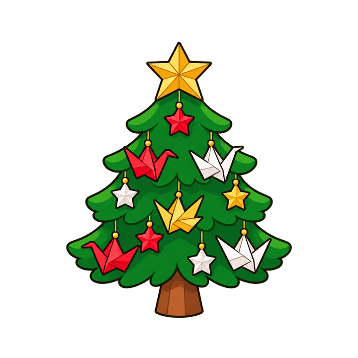 折り鶴を飾ったツリーのイラスト（クリスマス・透過PNG）
