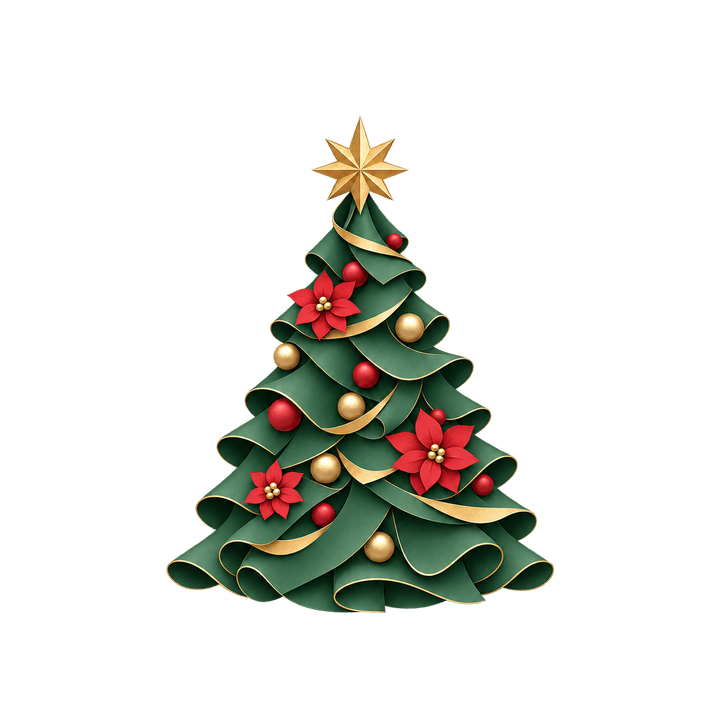 ポインセチアを飾ったツリーのイラスト（クリスマス・透過PNG）