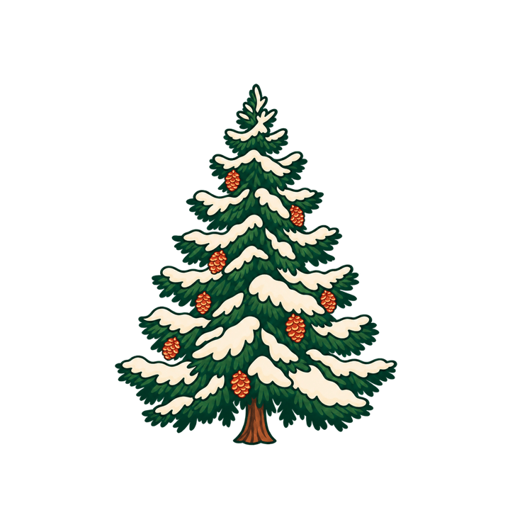 雪と松ぼっくりのもみの木のイラスト（クリスマス・透過PNG）