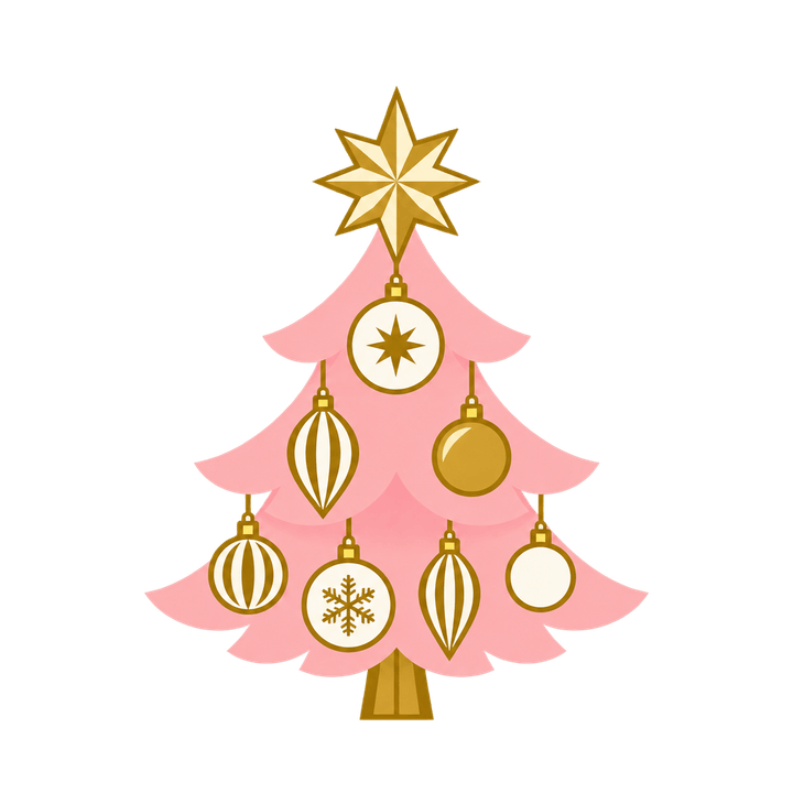 ピンクと金のツリーのイラスト（クリスマス・透過PNG）