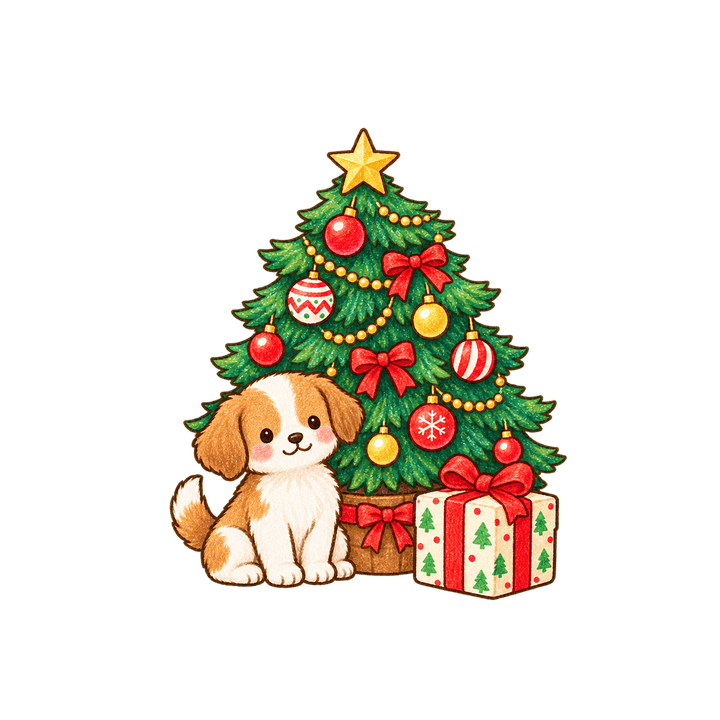 ツリーのそばの子犬のイラスト（クリスマス・透過PNG）