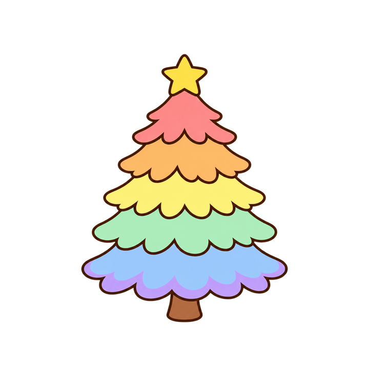 虹色のツリーのイラスト（クリスマス・透過PNG）