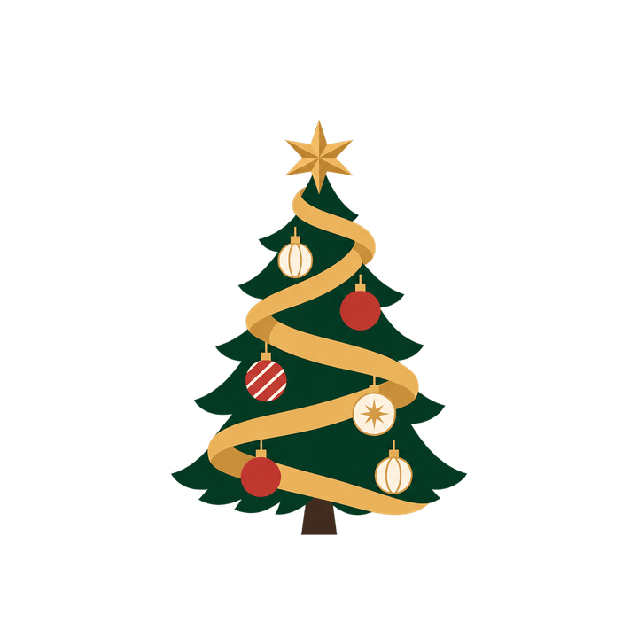 金のリボンを巻いたツリーのイラスト（クリスマス・透過PNG）