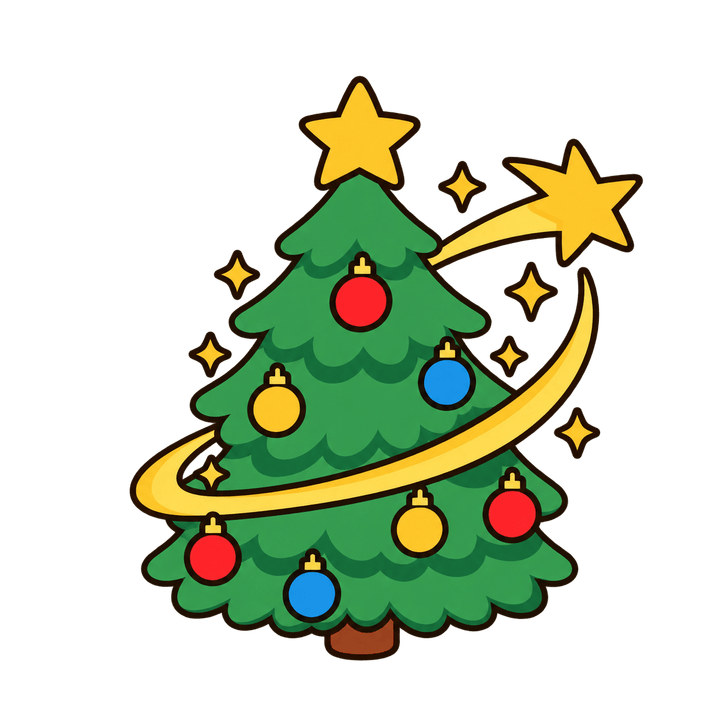 流れ星がめぐるツリーのイラスト（クリスマス・透過PNG）