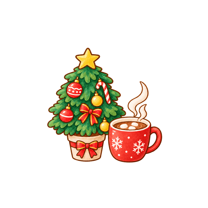 小さなツリーとココアのイラスト（クリスマス・透過PNG）