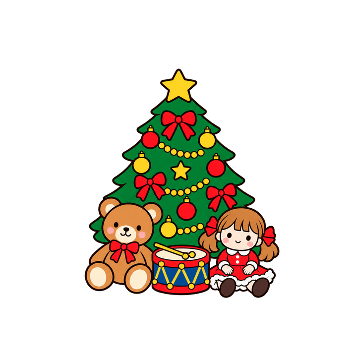 ツリーの下のおもちゃのイラスト（クリスマス・透過PNG）
