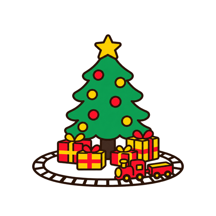 おもちゃの汽車とツリーのイラスト（クリスマス・透過PNG）