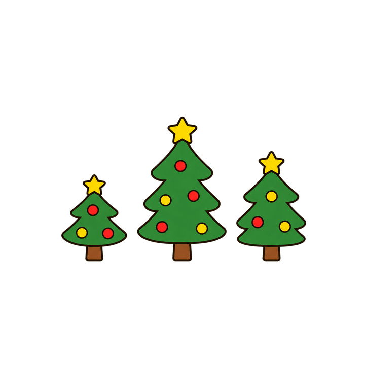 並んだ三本のツリーのイラスト（クリスマス・透過PNG）