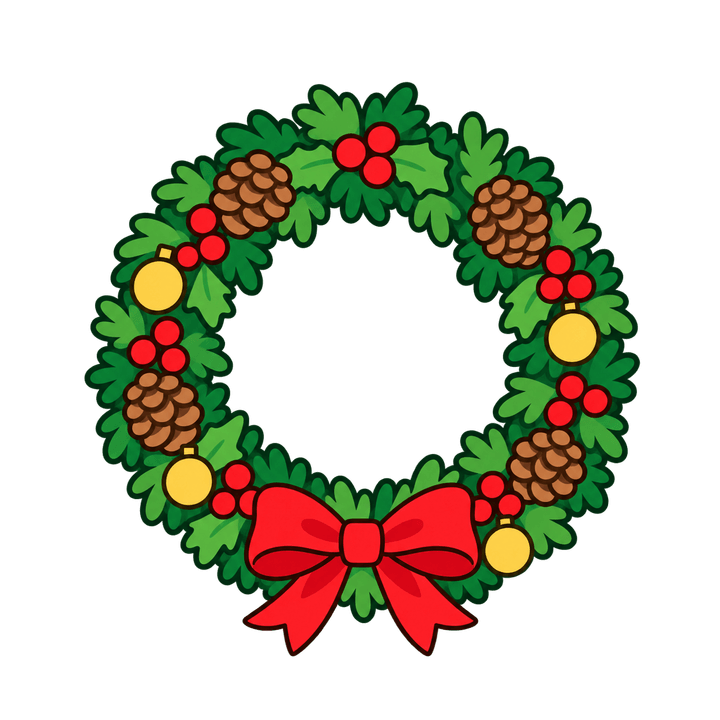 松ぼっくりとリボンのリースのイラスト（クリスマス・透過PNG）