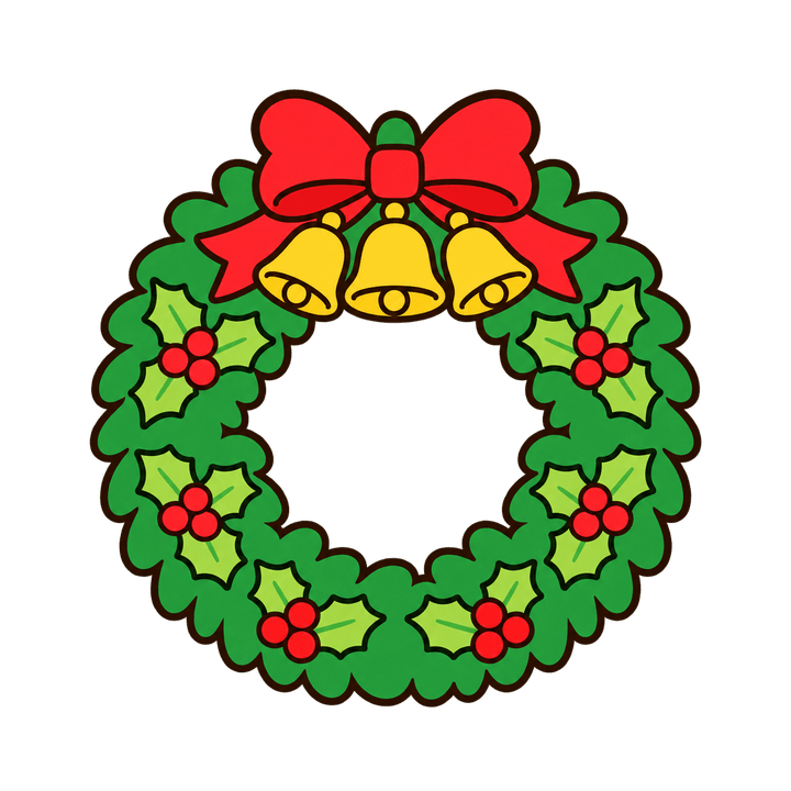 ベルとリボンのリースのイラスト（クリスマス・透過PNG）
