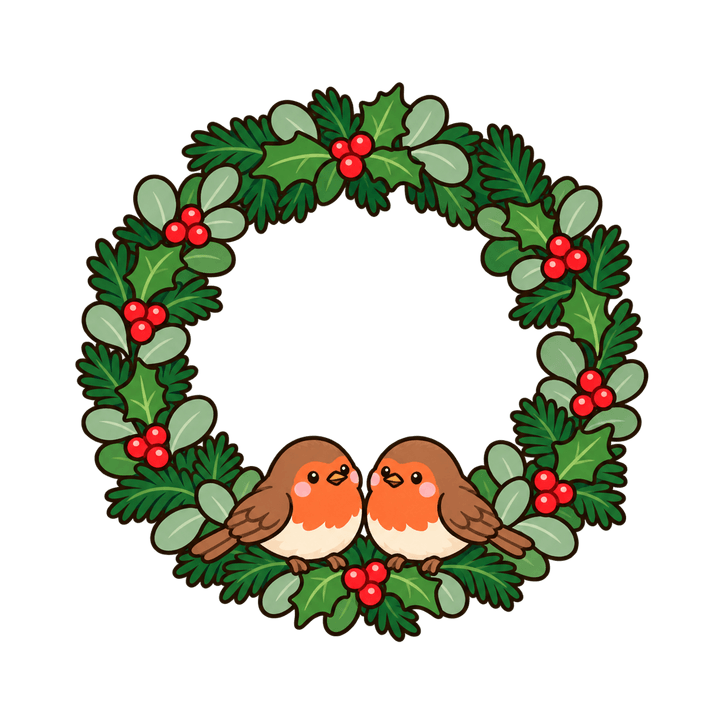 小鳥がとまるリースのイラスト（クリスマス・透過PNG）
