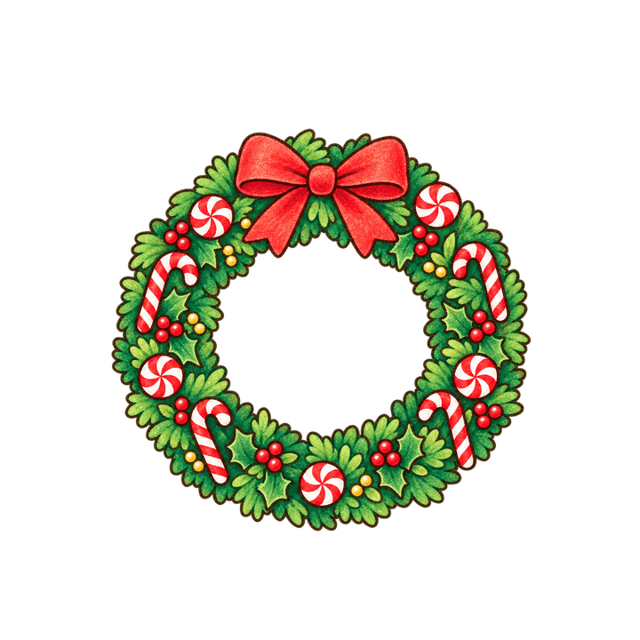 キャンディケーンを飾ったリースのイラスト（クリスマス・透過PNG）