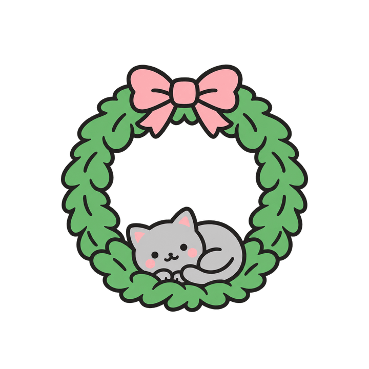 ねこが丸くなるリースのイラスト（クリスマス・透過PNG）