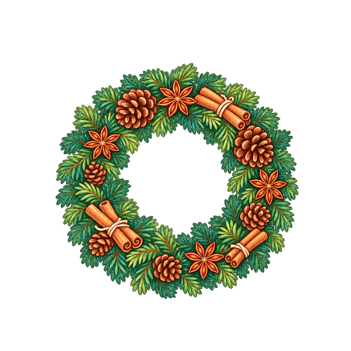 シナモンと松ぼっくりのリースのイラスト（クリスマス・透過PNG）