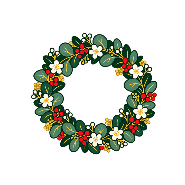 ユーカリと白い花のリースのイラスト（クリスマス・透過PNG）