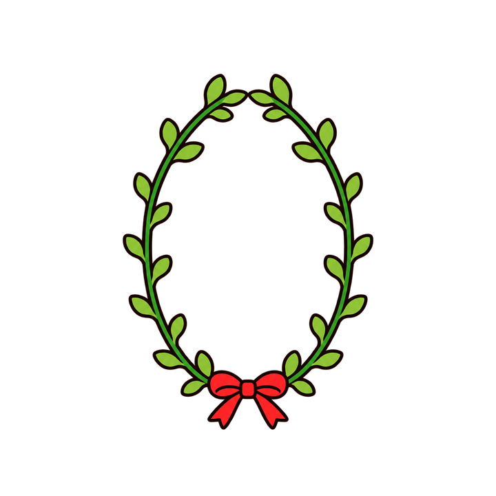 赤いリボンの楕円リースのイラスト（クリスマス・透過PNG）
