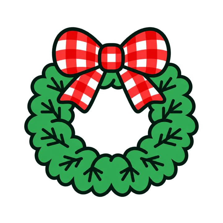 チェックのリボンのリースのイラスト（クリスマス・透過PNG）