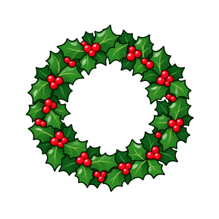 ヒイラギのリースのイラスト（クリスマス・透過PNG）