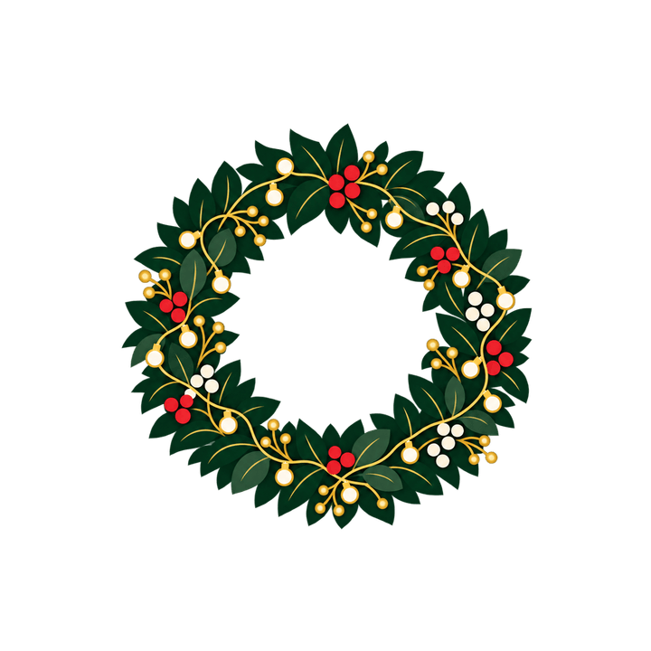 ライトを巻いたリースのイラスト（クリスマス・透過PNG）
