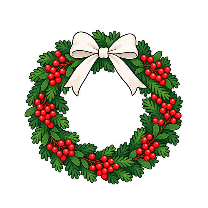 赤い実と白いリボンのリースのイラスト（クリスマス・透過PNG）
