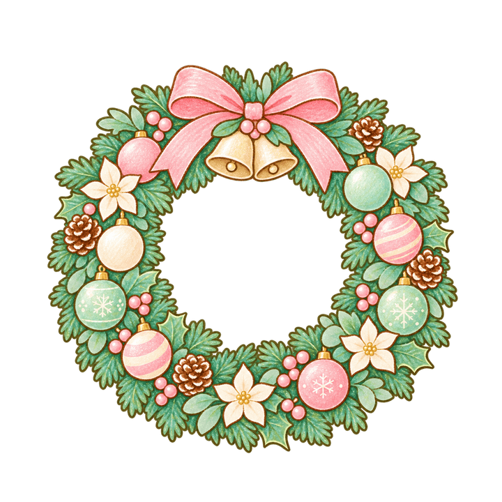 パステルカラーのリースのイラスト（クリスマス・透過PNG）