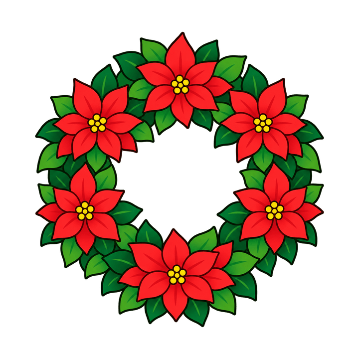 ポインセチアのリースのイラスト（クリスマス・透過PNG）