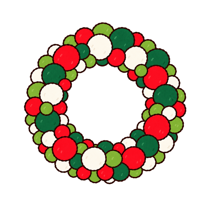 ポンポンのリースのイラスト（クリスマス・透過PNG）