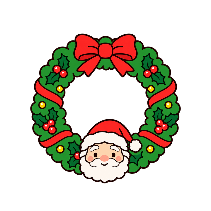 サンタがのぞくリースのイラスト（クリスマス・透過PNG）