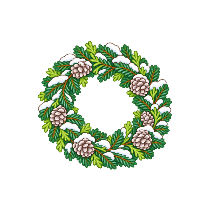 雪と松ぼっくりのリースのイラスト（クリスマス・透過PNG）