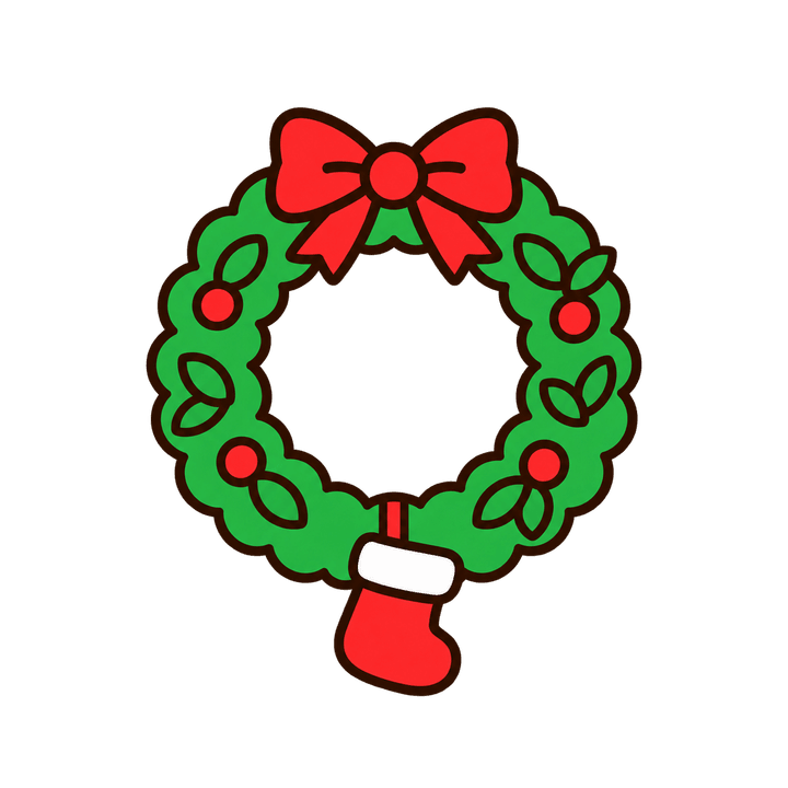 靴下をさげたリースのイラスト（クリスマス・透過PNG）