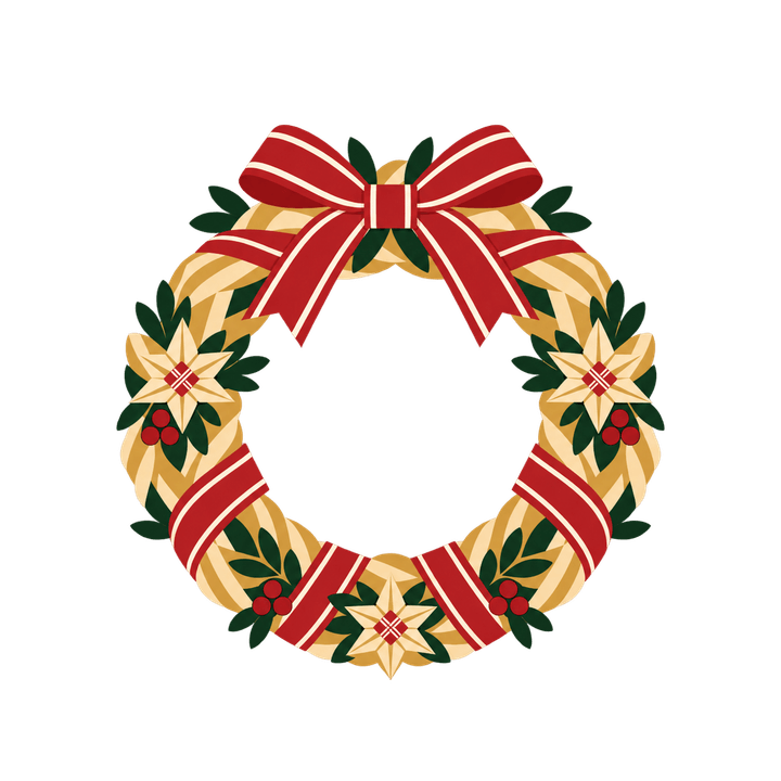 赤いリボンの麦わらリースのイラスト（クリスマス・透過PNG）