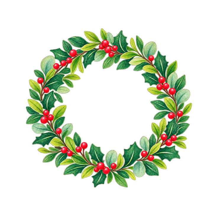 葉と赤い実のリースのイラスト（クリスマス・透過PNG）
