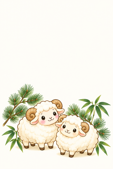 2匹の羊と松竹（余白つき）のイラスト（はがき たて・背景あり）