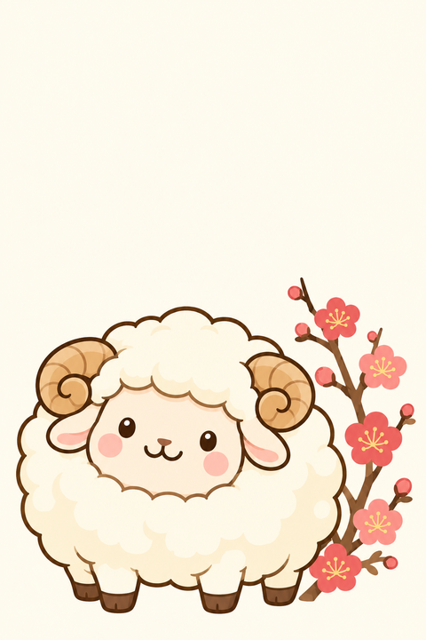 羊と梅の花（余白つき）のイラスト（はがき たて・背景あり）