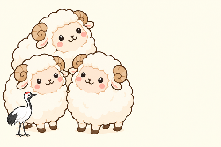 3匹の羊と鶴（余白つき）のイラスト（はがき よこ・背景あり）